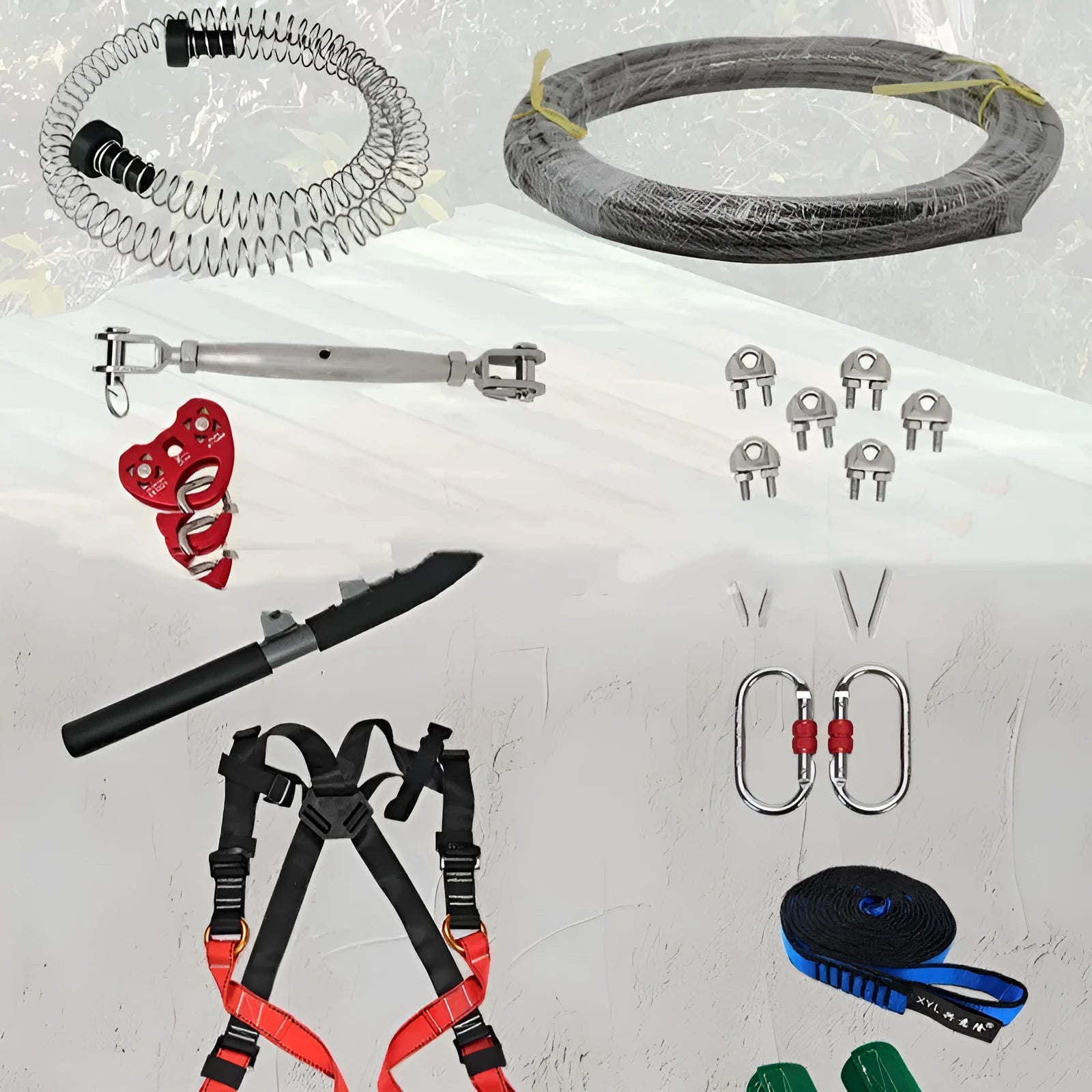 Children's 10 metre pulley rope slide kit with alloy steel pulleys, safety harness, and tree protection