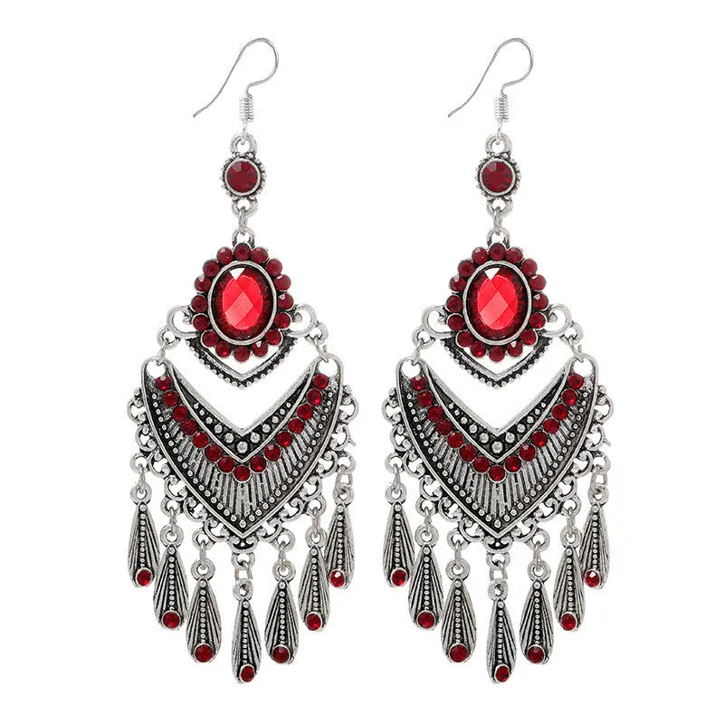 Purple retro crystal fringe drop earrings with ethnic style elements
