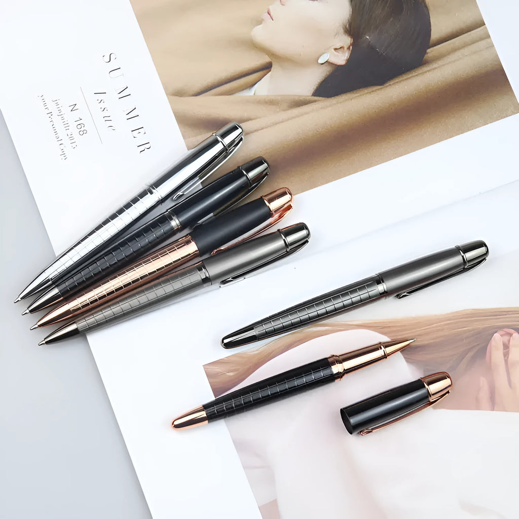 Grey metal roller pen with 13.5cm barrel and water-based ink refill