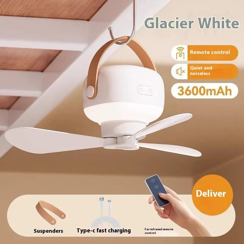 Small white rechargeable ceiling fan with remote control and wire bracket for camping tents
