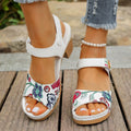 White women's high heel sandals with Velcro buckle fastening showing PU upper and rubber sole
