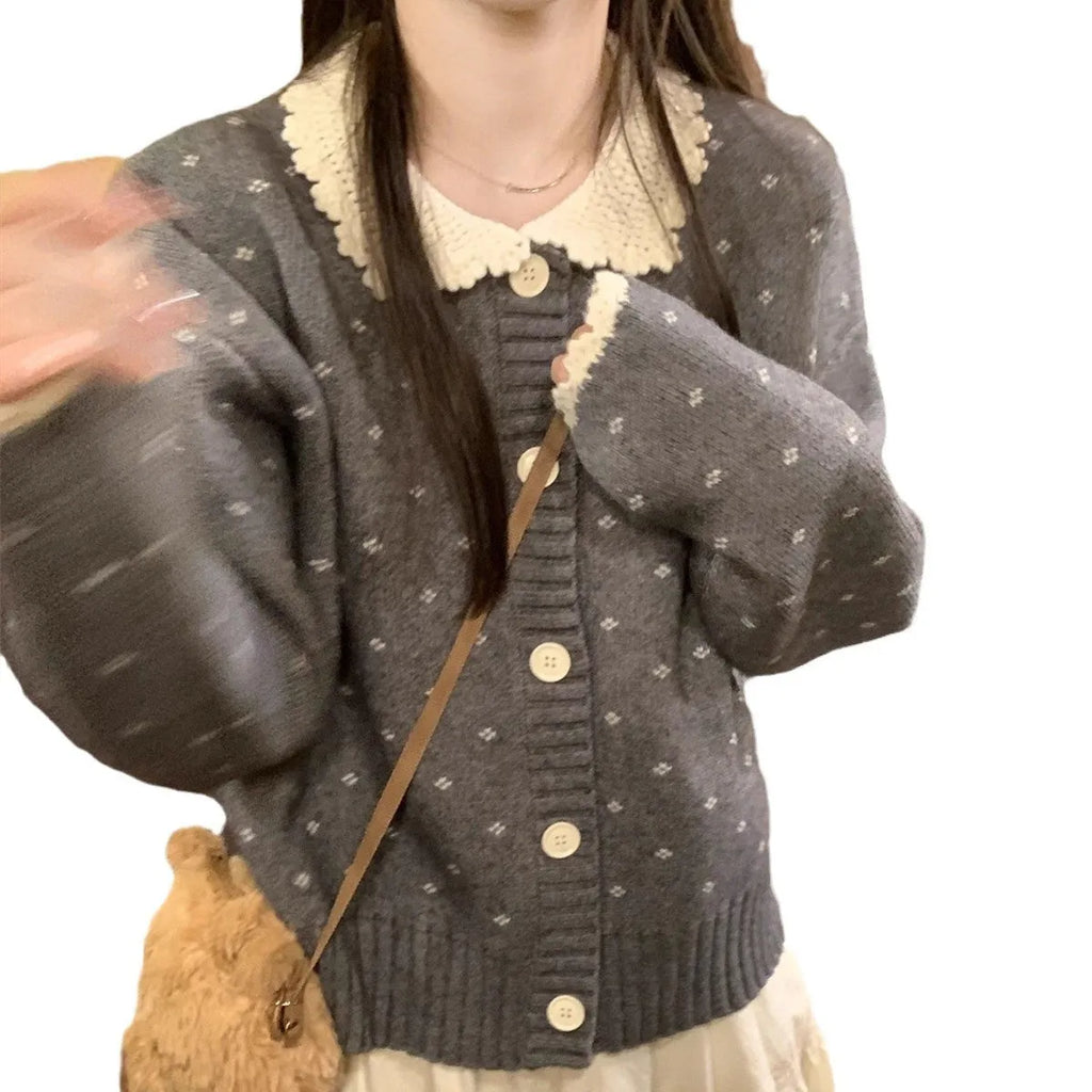 Retro Peter Pan collar knitted cardigan coat with floral pattern in navy blue colour