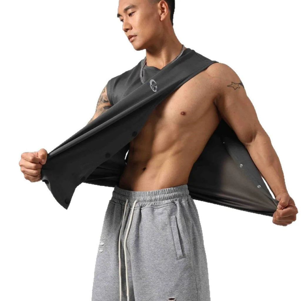 Korean style men's loose cotton fitness vest with hidden hook fastening on the sides