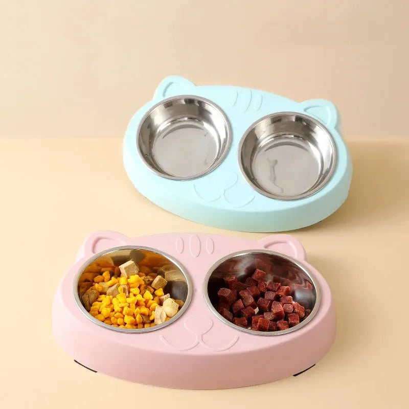 Blue macaron-shaped plastic pet feeder with two bowls for cat or dog food and water