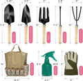 CG2001 stainless steel garden tool set of eight pieces including trowel, rake and fork on a garden background.