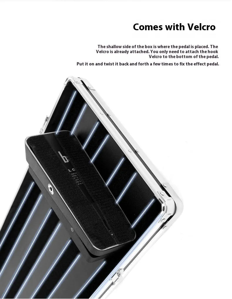Aluminium flight case open showing custom foam compartments for T-EC8 trumpet style guitar effect pedals