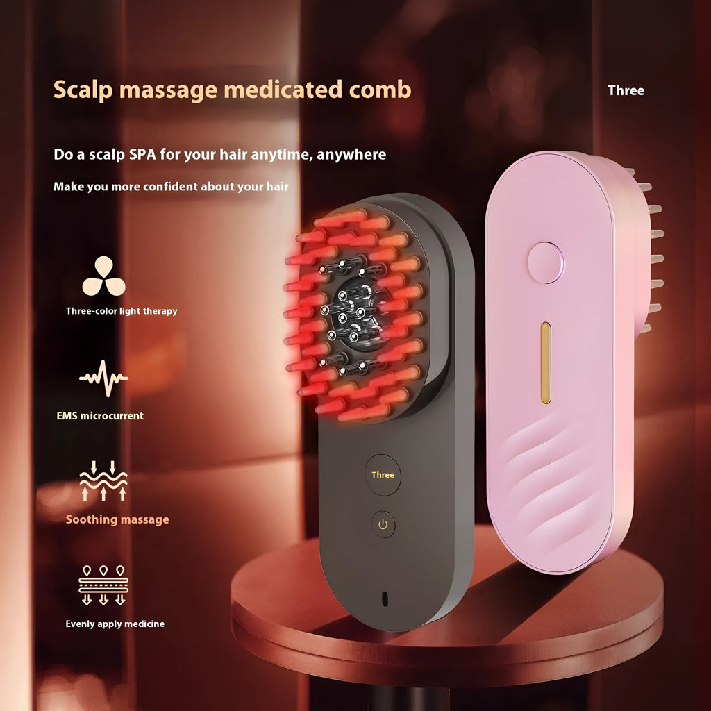 Pink and black smart massage comb for scalp care with red light therapy, less than 10cm long
