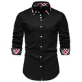 Men's long sleeve plaid shirt with triangle collar in blue, black, or white colour options.