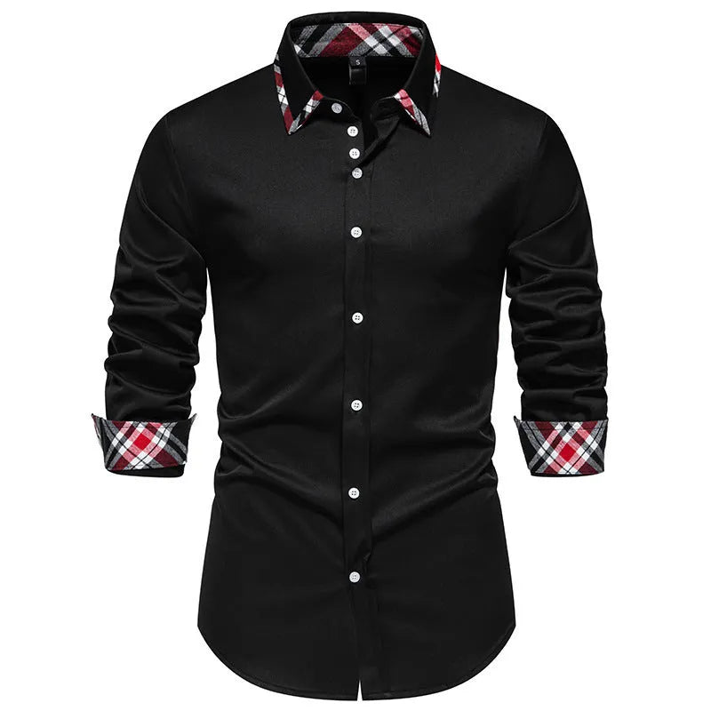 Men's long sleeve plaid shirt with triangle collar in blue, black, or white colour options.