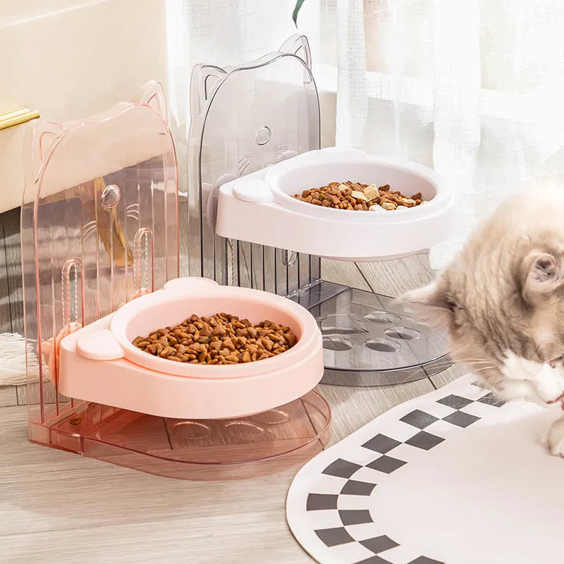 Adjustable height cat feeding bowl with anti-spill collar and neck protection design