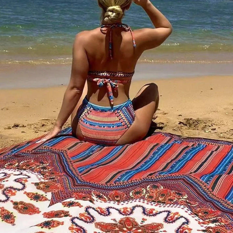 Cross-border Arrival women's three-piece swimsuit set showing high-waist bikini bottom, cutout blouse top, and coat.