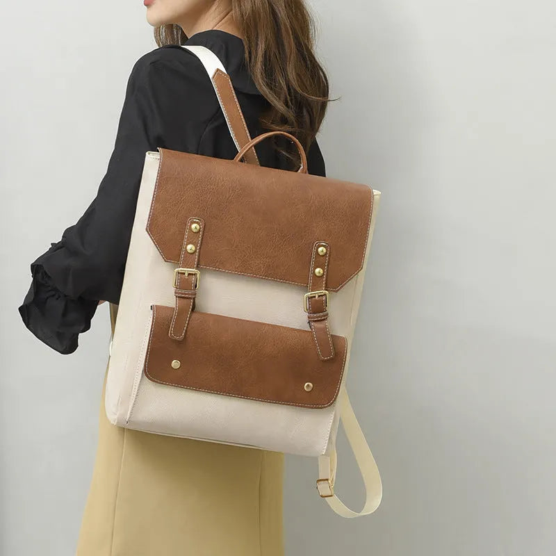 Korean style retro backpack in soft PU material with ventilation features