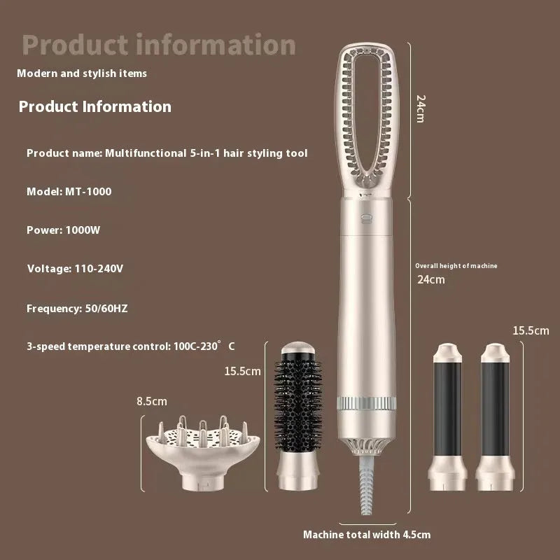Champagne gold five-in-one hot air comb hair curler with 1000W power and universal voltage