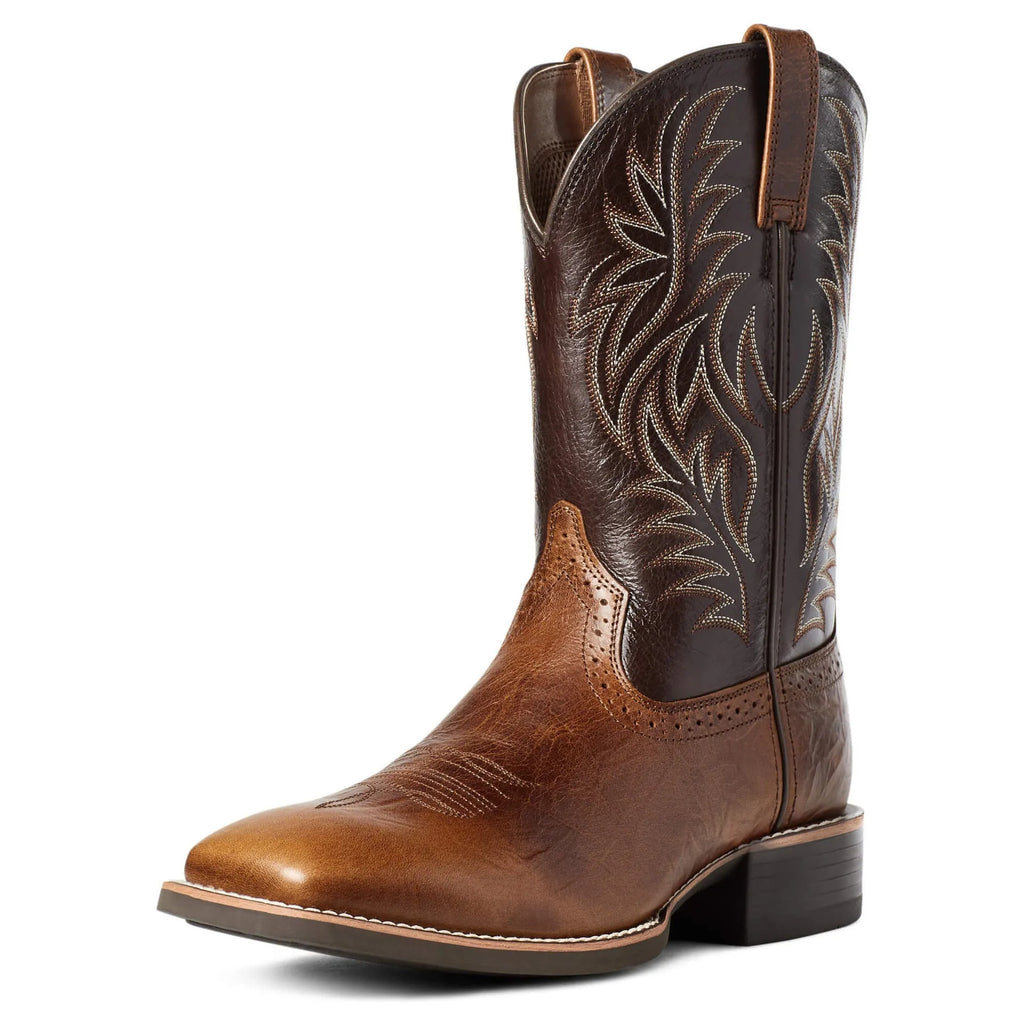 Men's black Western cowboy boots with detailed embroidery stitching on the shaft, square toe, and low heel.