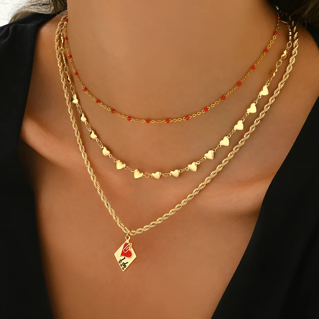 Zinc alloy geometric heart pendant on three-layer adjustable clavicle chain necklace