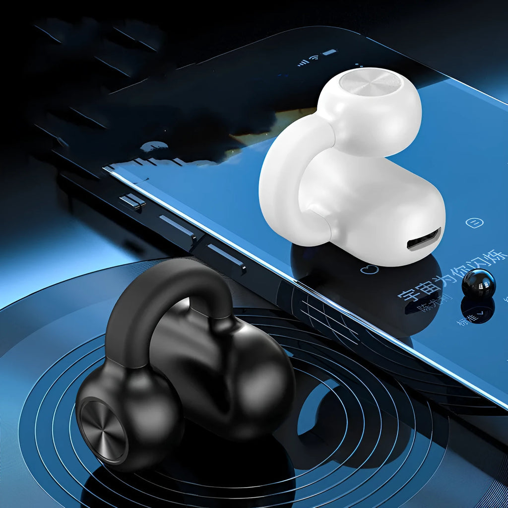 Wireless Bluetooth clip-on bone conduction earphones in black or white packaging