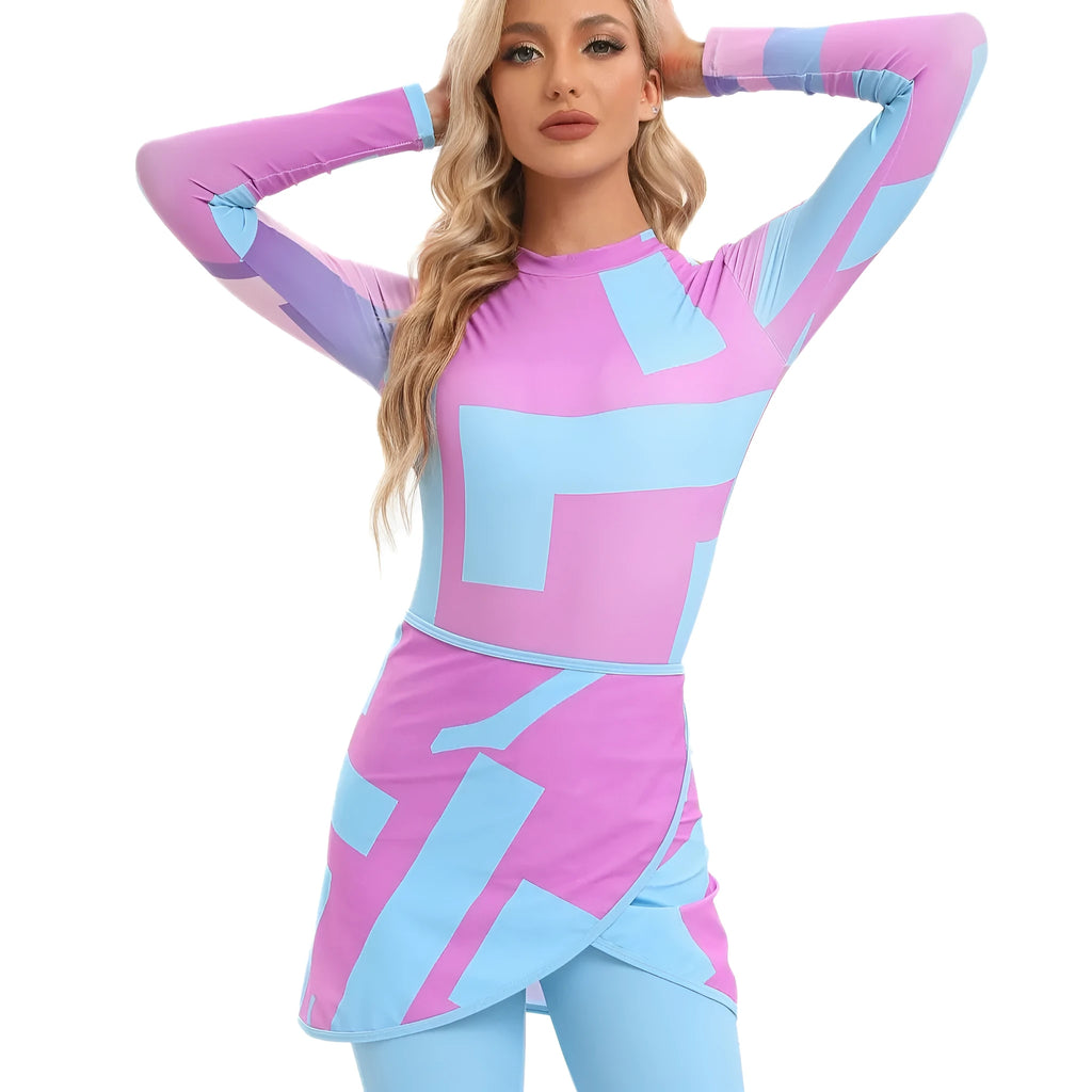 Muslim conservative beach swimsuit three-piece set with apron in polyester fabric