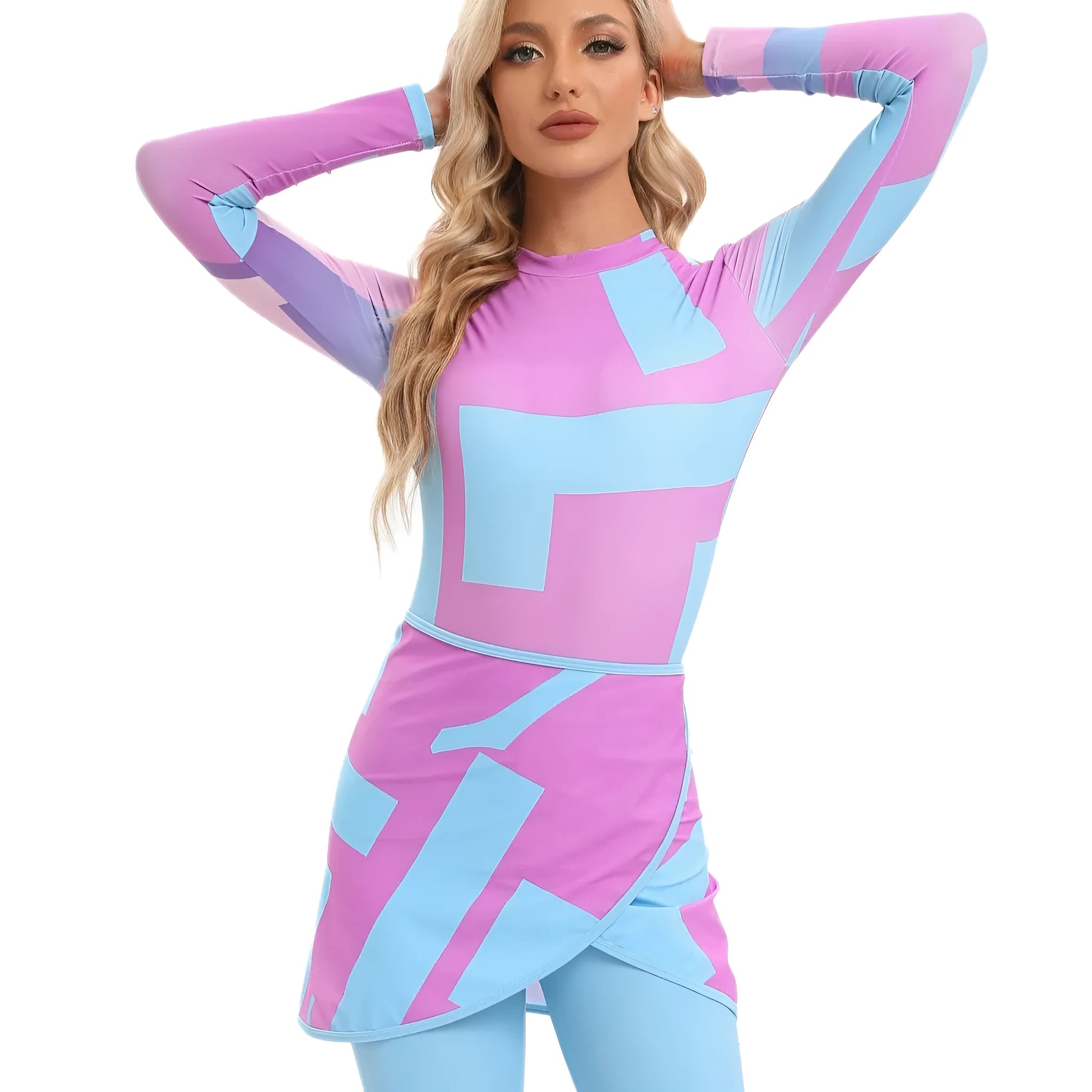 Muslim conservative beach swimsuit three-piece set with apron in polyester fabric