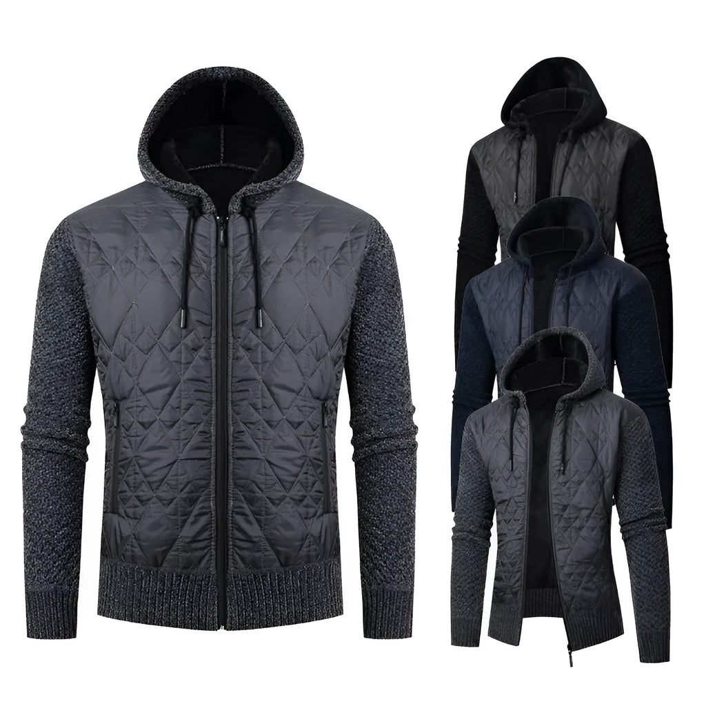 Men's grey corduroy hooded sweater coat with cinched waist and wool composition