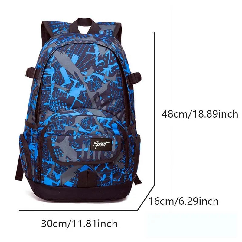 Blue and red classic nylon backpack with large main compartment for school, travel, and outdoor use