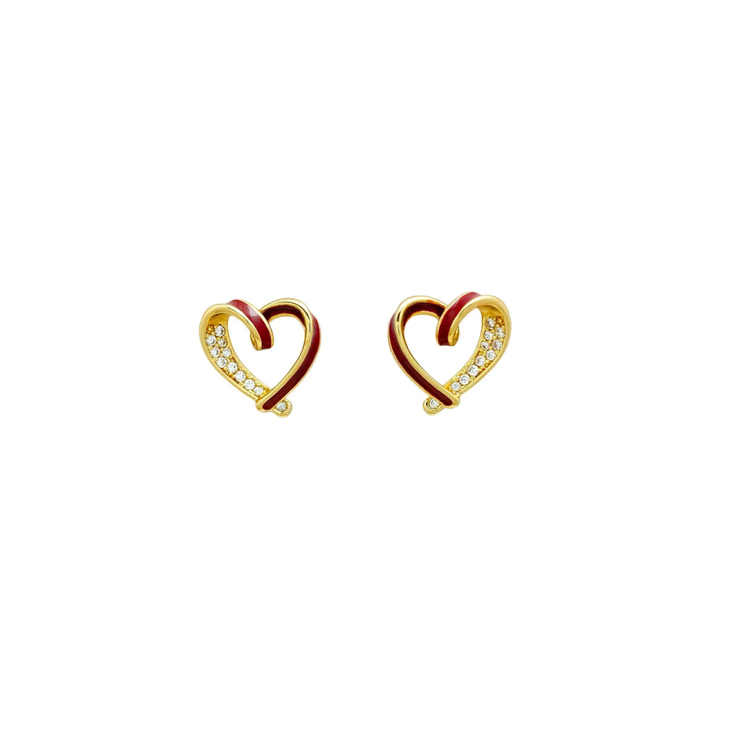 Fashion micro-set zircon asymmetric earrings in copper heart shape with love motif, available in red or white as ear clips or studs