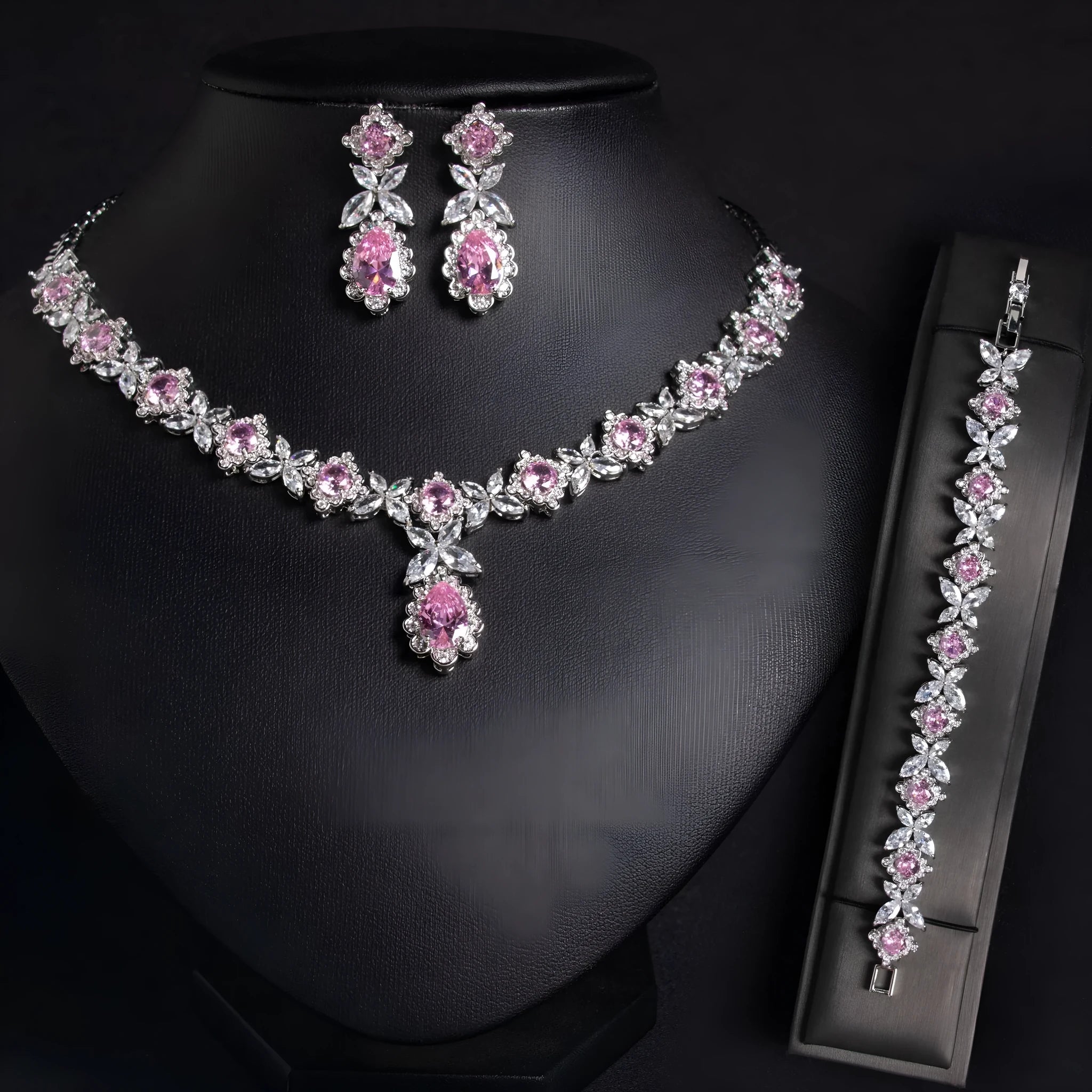 Copper zircon petal bridal three-piece jewellery set with necklace earrings and bracelet