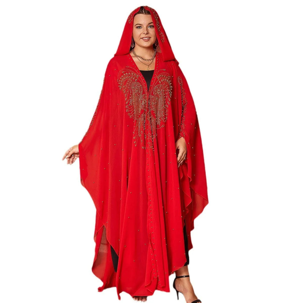 Purple rhinestone beaded chiffon Muslim shawl draped showing length and decorative bead detail