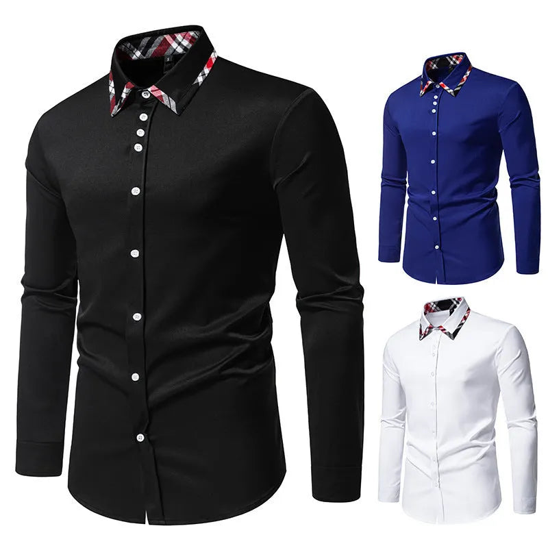 Men's long sleeve plaid shirt with triangle collar in blue, black, or white colour options.
