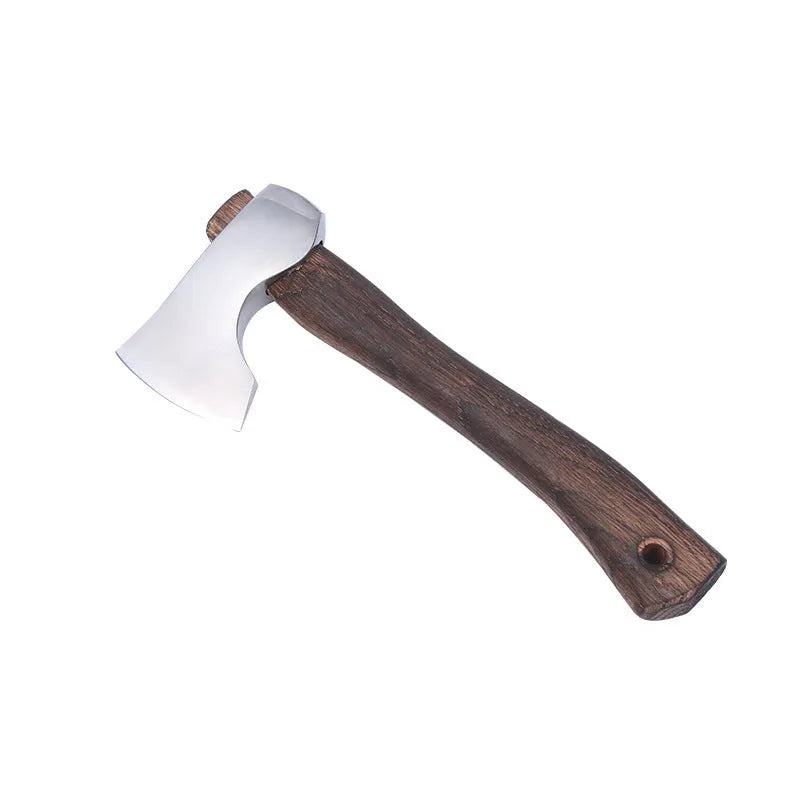 Camping axe with a high carbon steel head and wooden handle on a neutral background.