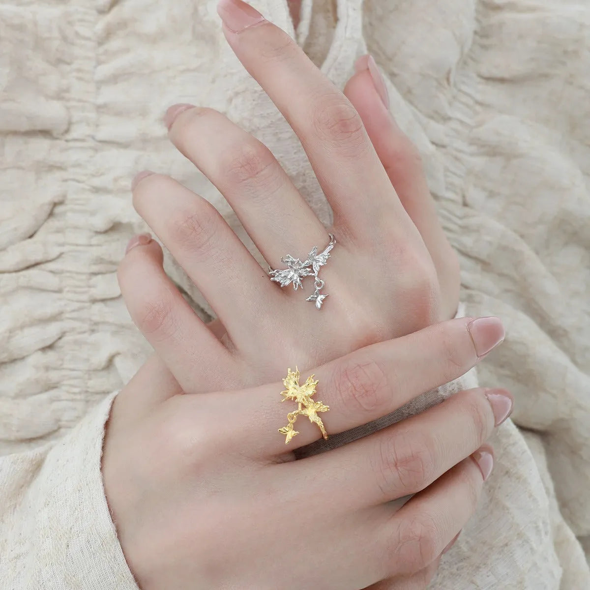 Silver butterfly ring with adjustable opening in 18K gold or white gold colour finish