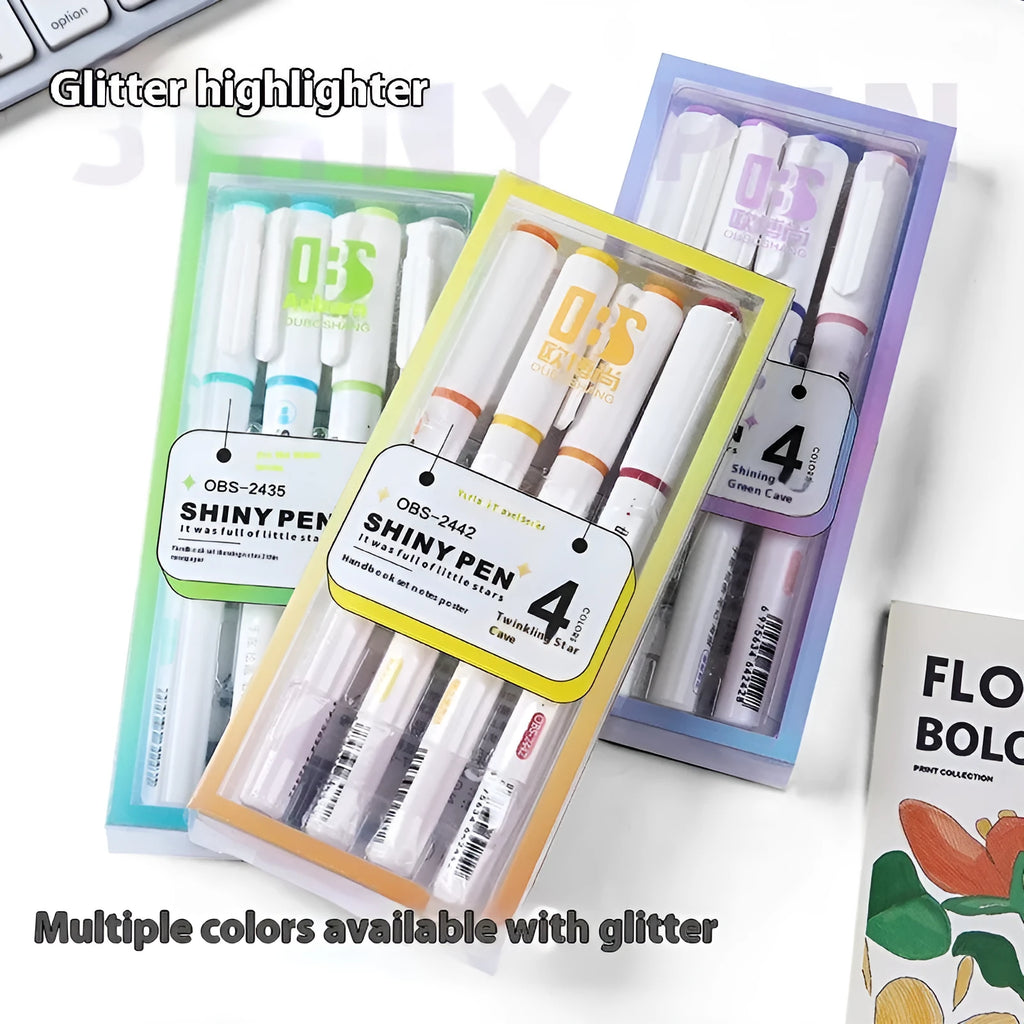 Set of four glitter highlighter pens with slanted tips in six colours including taro puff and mung bean smoothie.