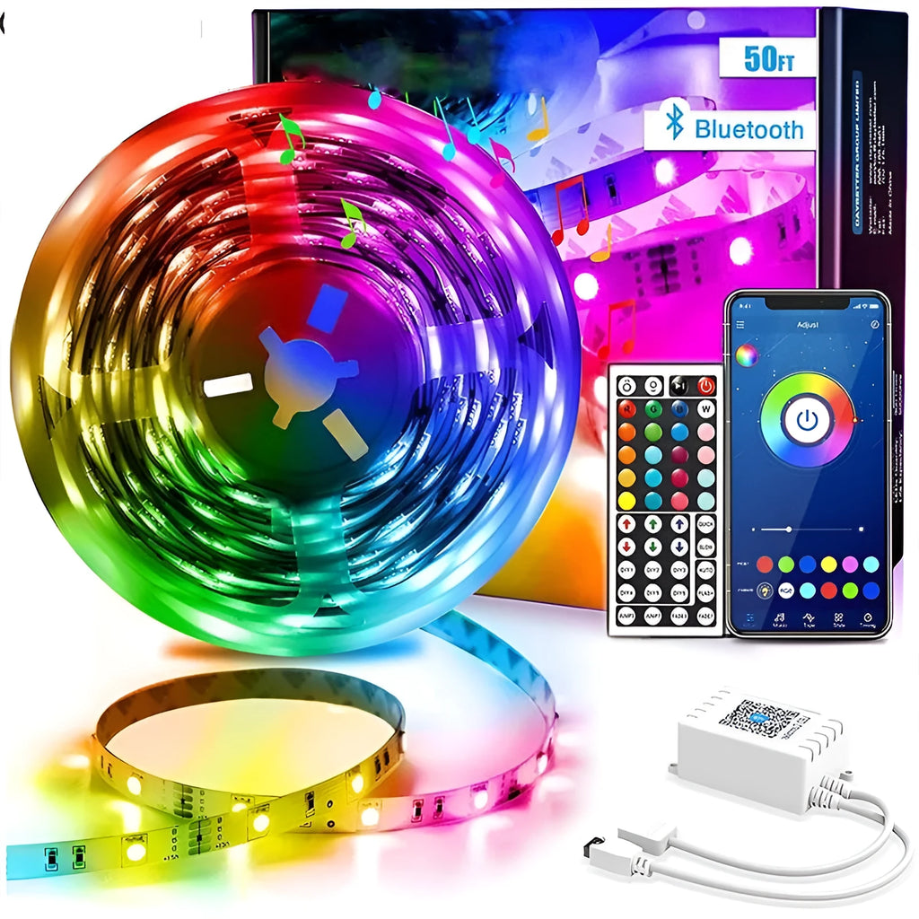 12V RGB LED light strip coil with Bluetooth remote control and power adapter on a white background.