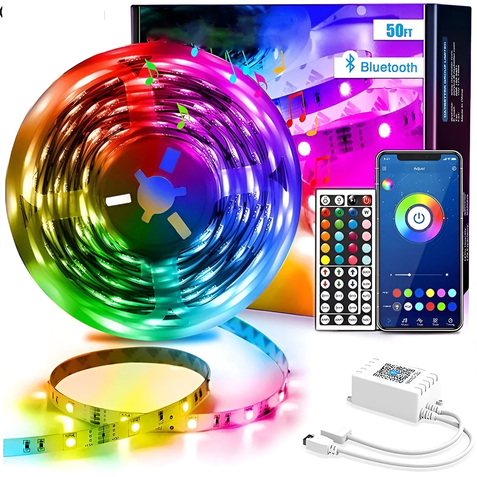 12V RGB LED light strip coil with Bluetooth remote control and power adapter on a white background.
