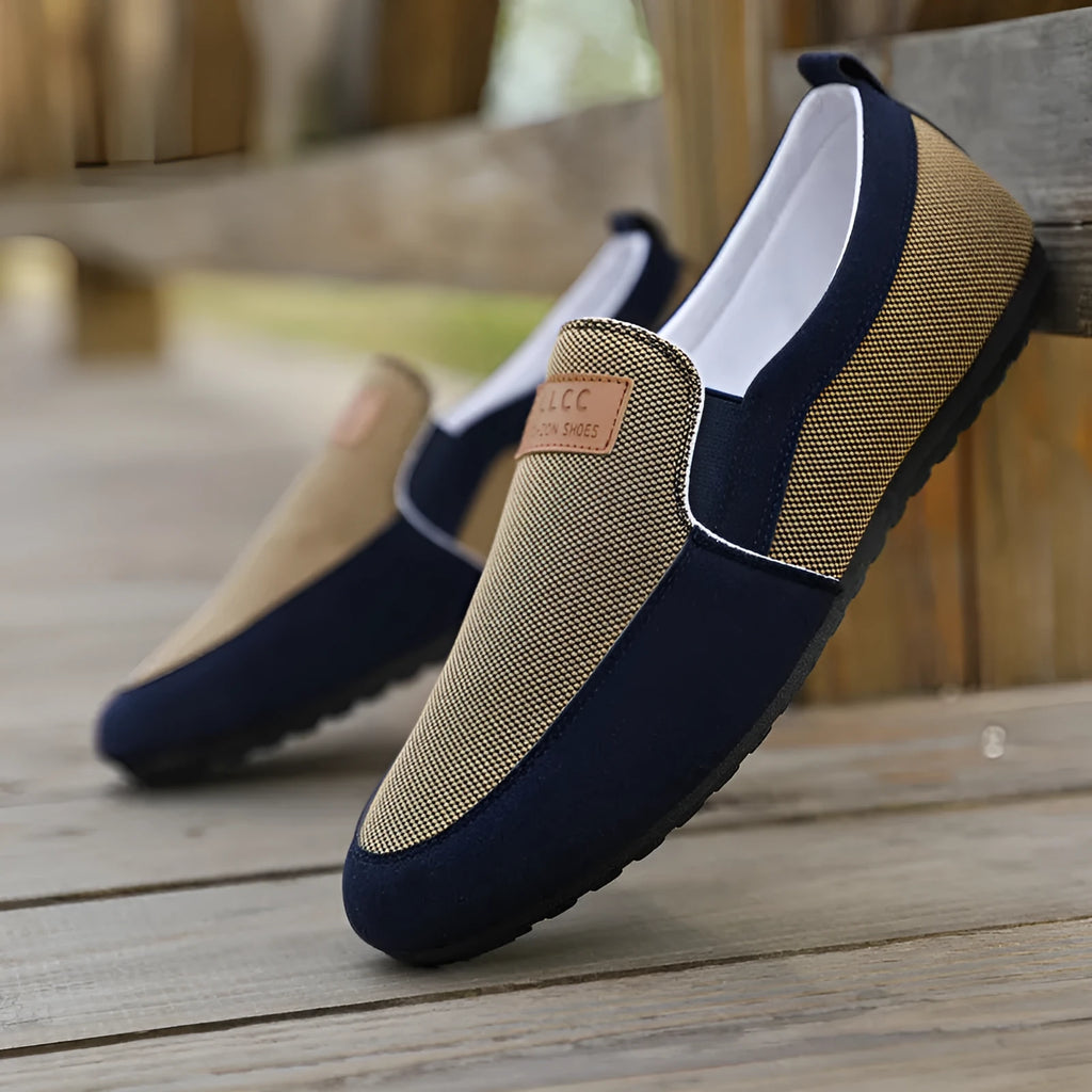Men's grey and khaki canvas board shoes with round toe design and rubber soles