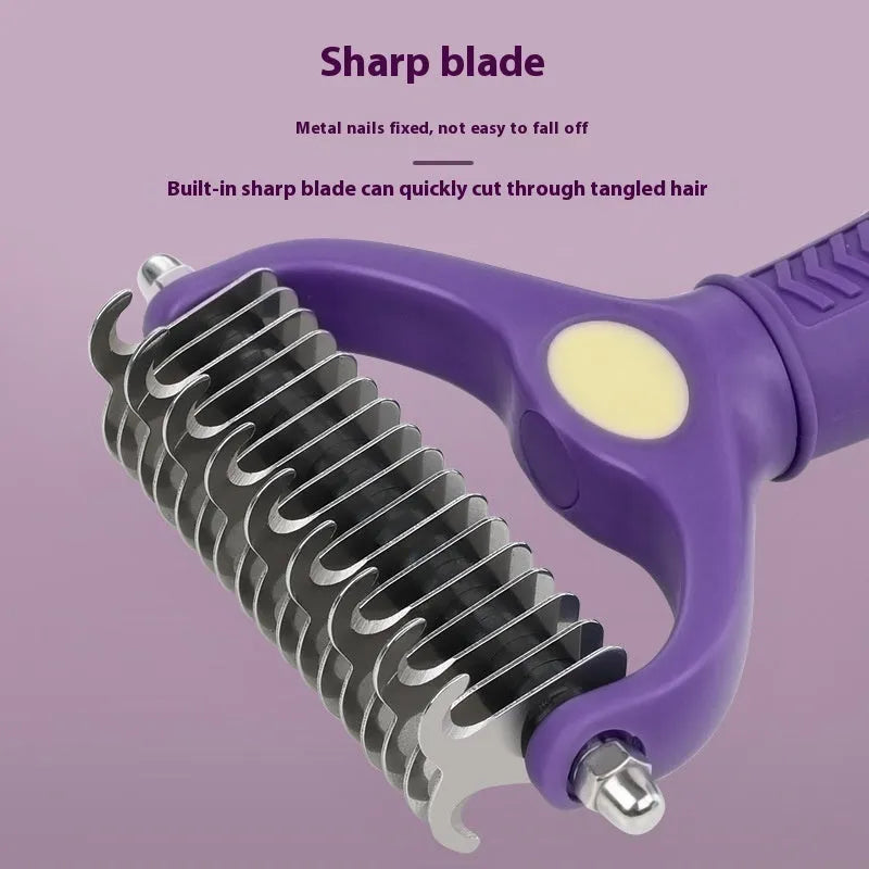 Purple double-sided plastic dog comb for untangling knots and removing loose hair.
