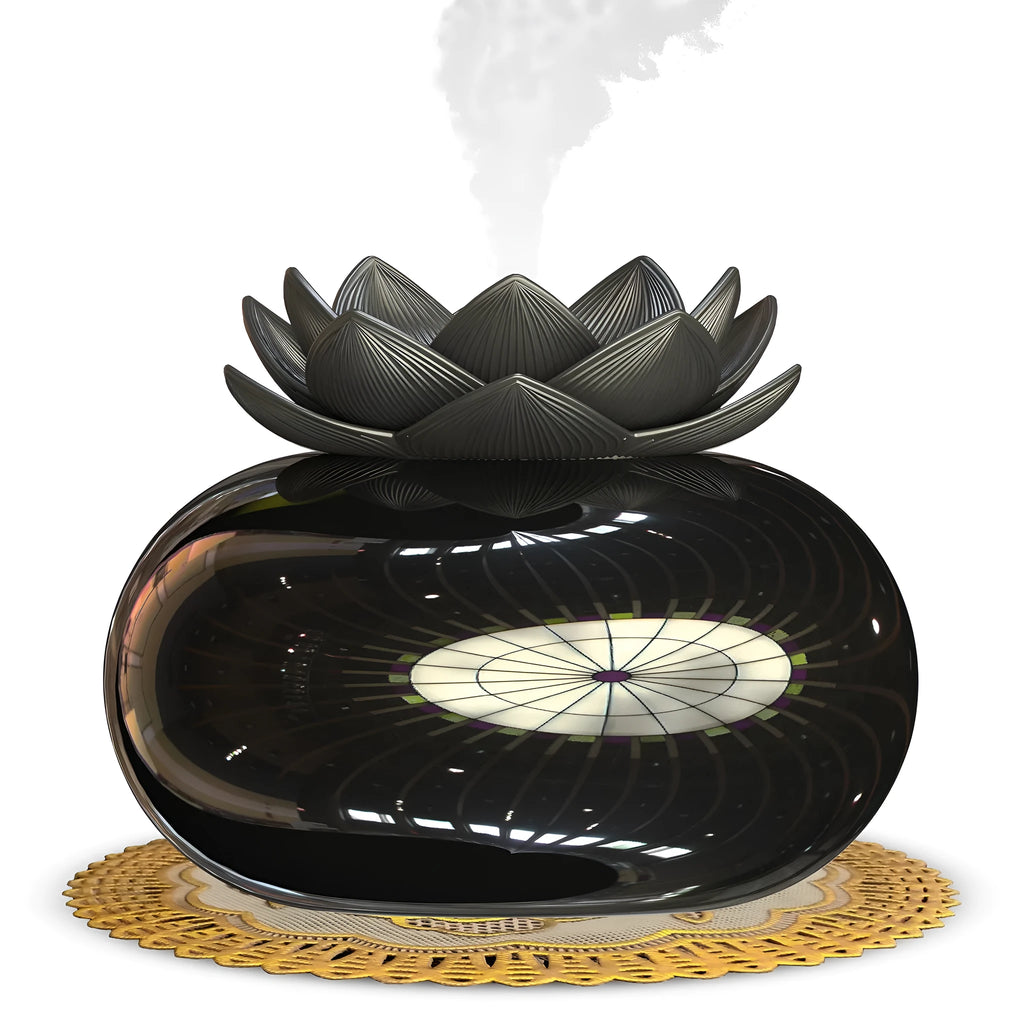 Pure black round ultrasonic humidifier with USB cable and single fog outlet for aromatherapy