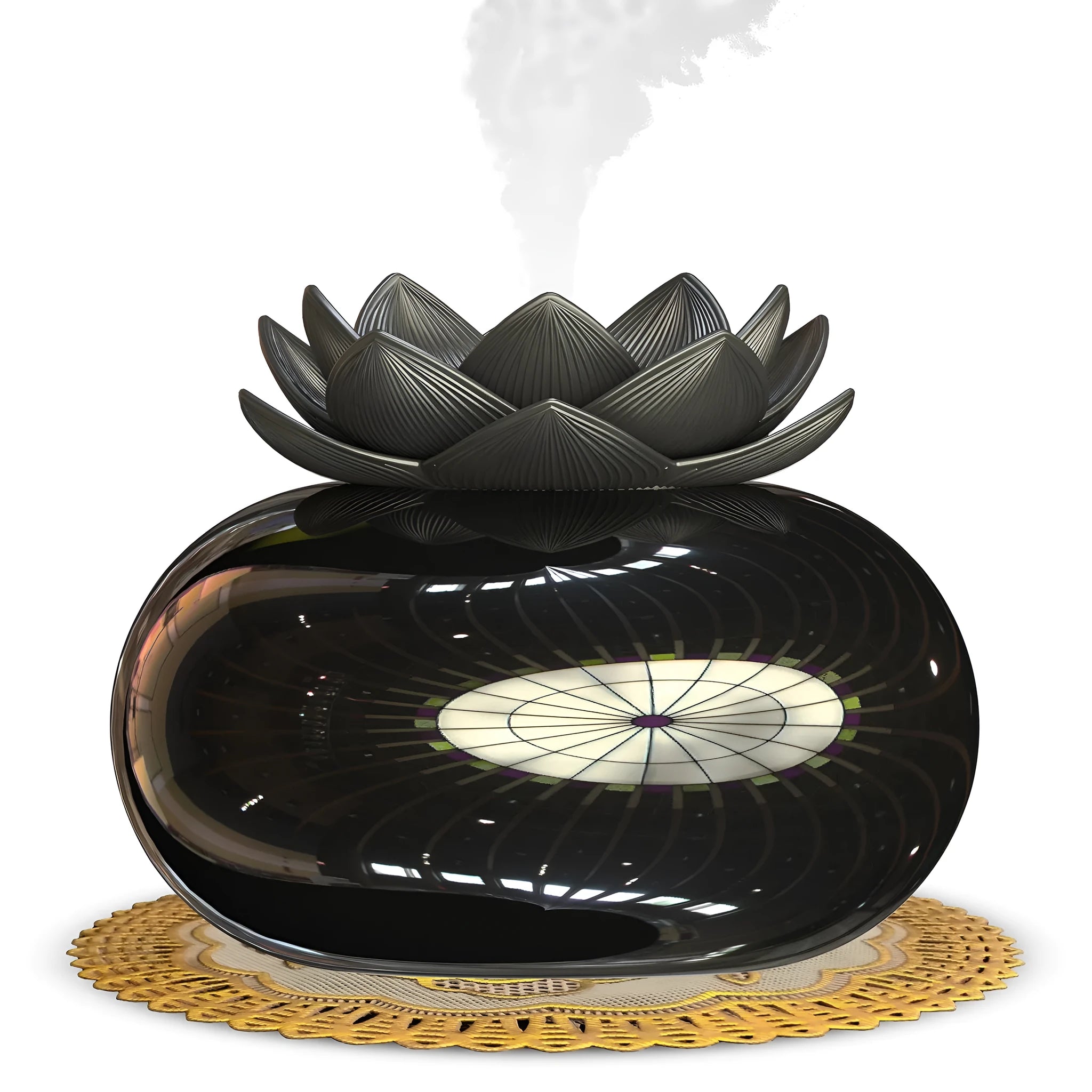 Pure black round ultrasonic humidifier with USB cable and single fog outlet for aromatherapy