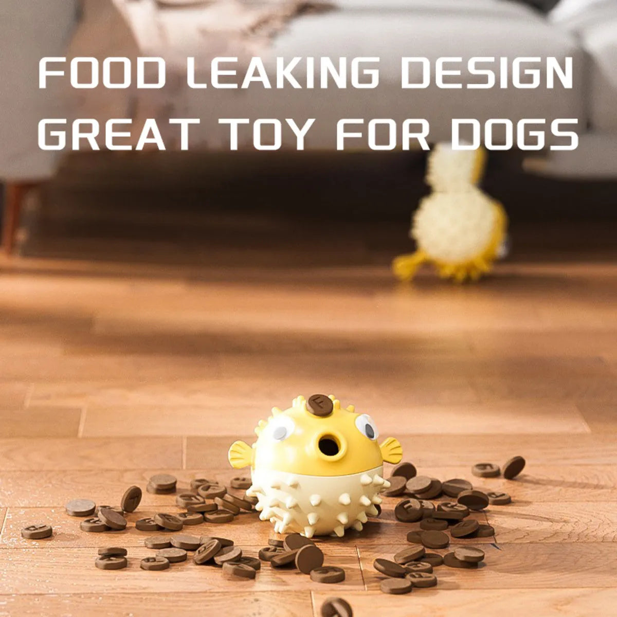 Yellow vinyl fish-shaped dog chew toy with textured surface for aggressive chewers