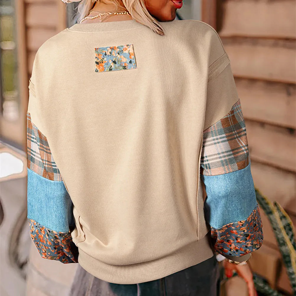 Women's beige and red plaid stitching long-sleeved loose fit casual top.