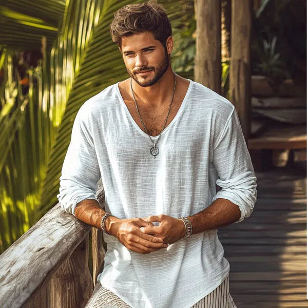 Beige V-neck long-sleeved T-shirt with slim fit made from hemp blend polyester fabric