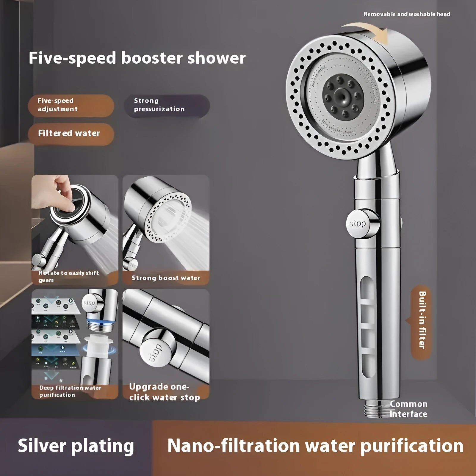 Silver portable shower head with chrome finish and multiple spray settings on a white background.
