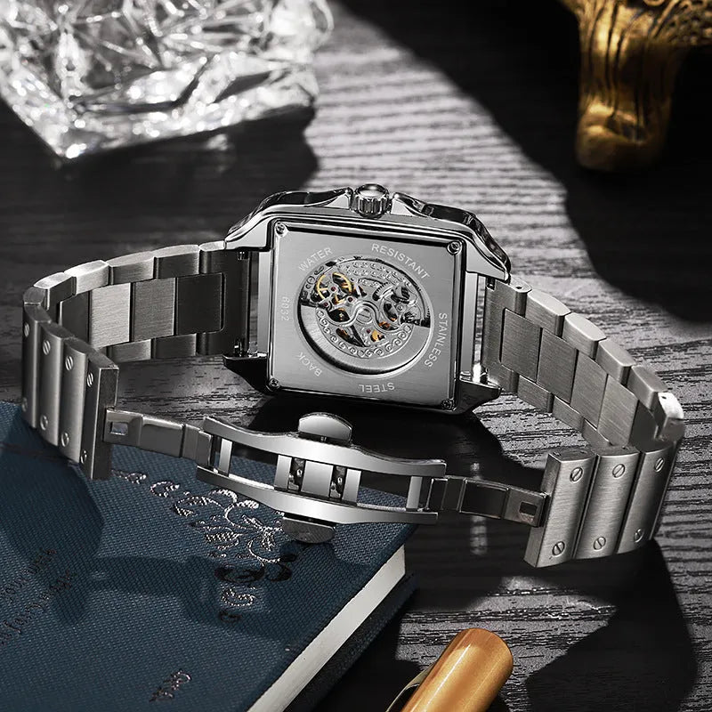 Square diamond-studded automatic watch for men with business style design