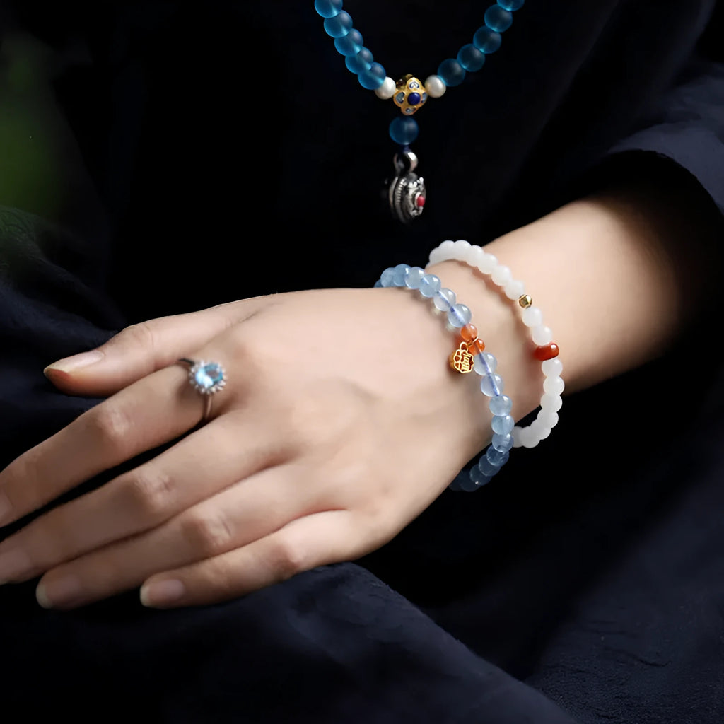 Ice translucent natural aquamarine crystal bracelet with 8mm beads and blessing card design