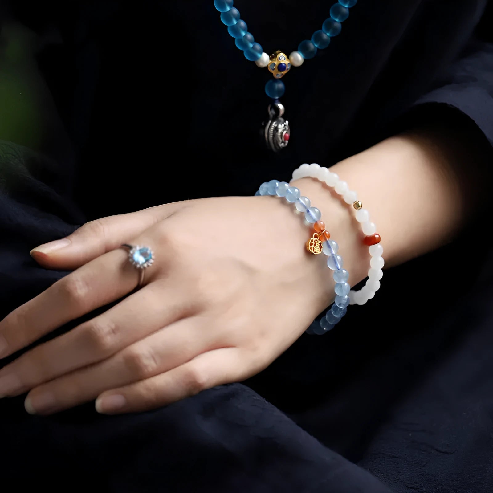Ice translucent natural aquamarine crystal bracelet with 8mm beads and blessing card design