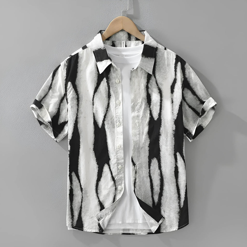 Men's black and brown retro striped short sleeve shirt cardigan in pure cotton with loose fit