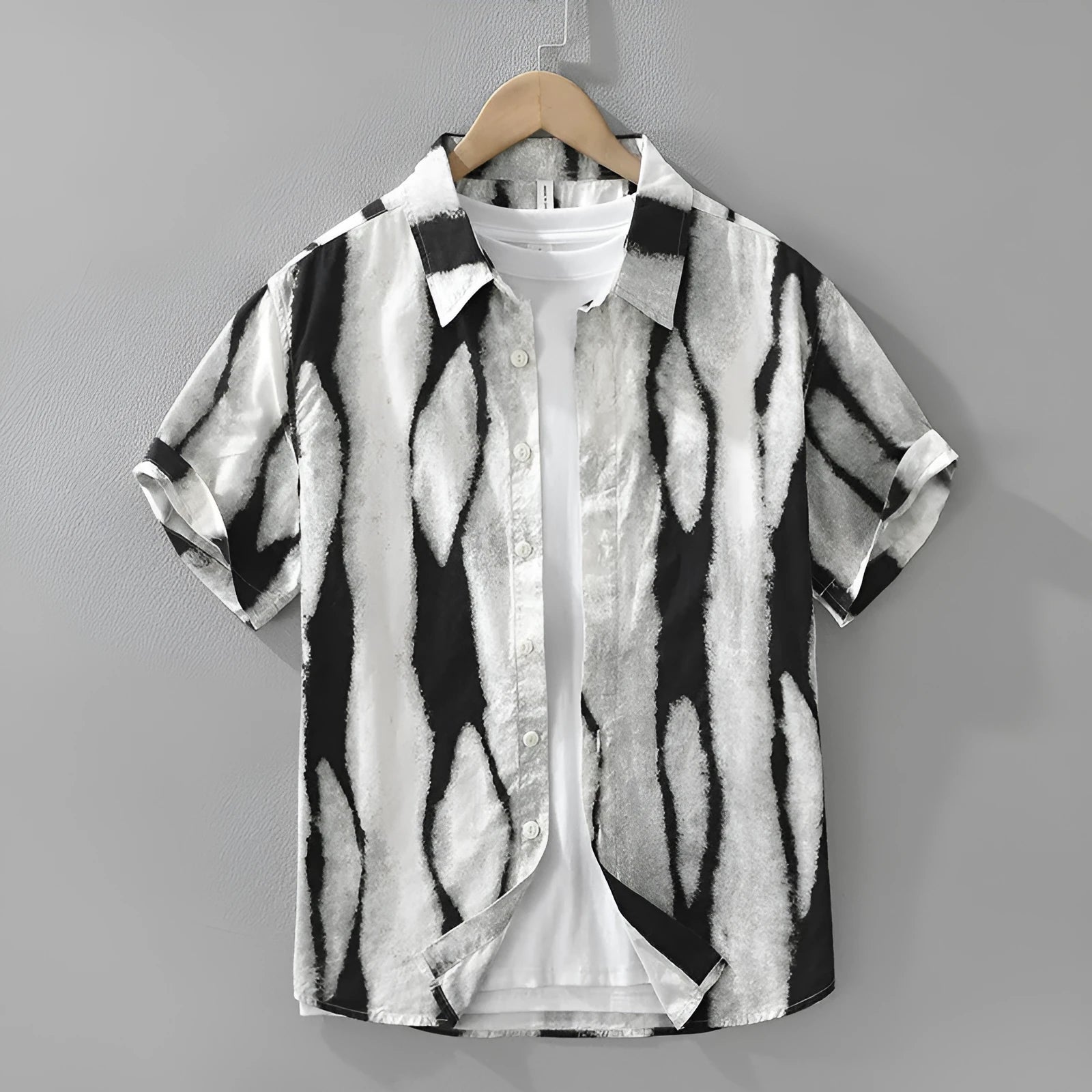 Men's black and brown retro striped short sleeve shirt cardigan in pure cotton with loose fit