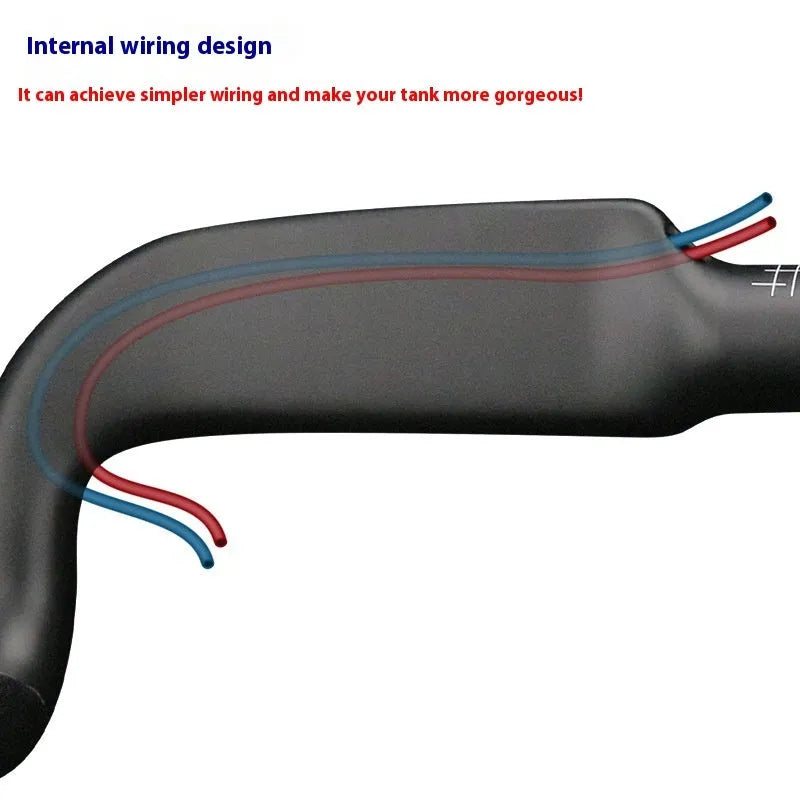 Carbon fibre road bicycle handlebar showing black double line finish and 420mm width measurement