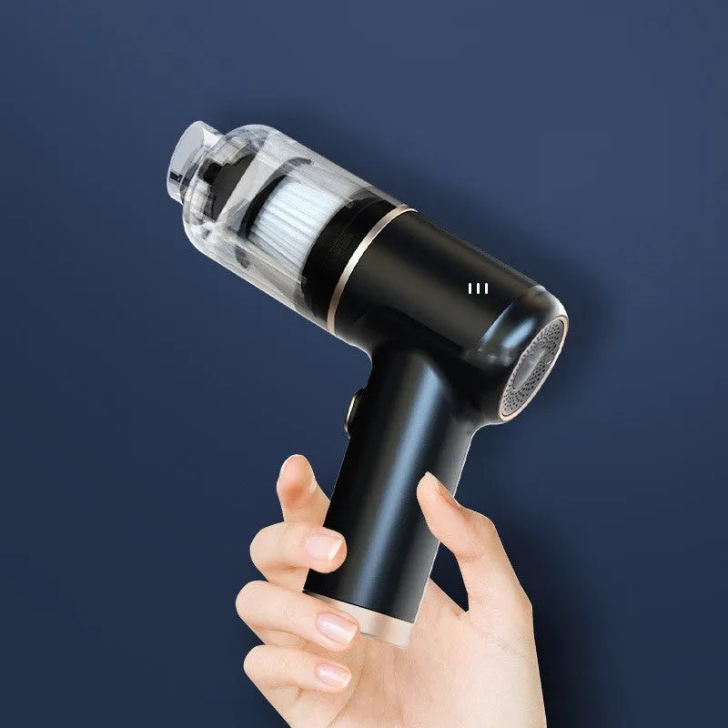 Black wireless car vacuum cleaner with multiple nozzle attachments including brushes and suction nozzles