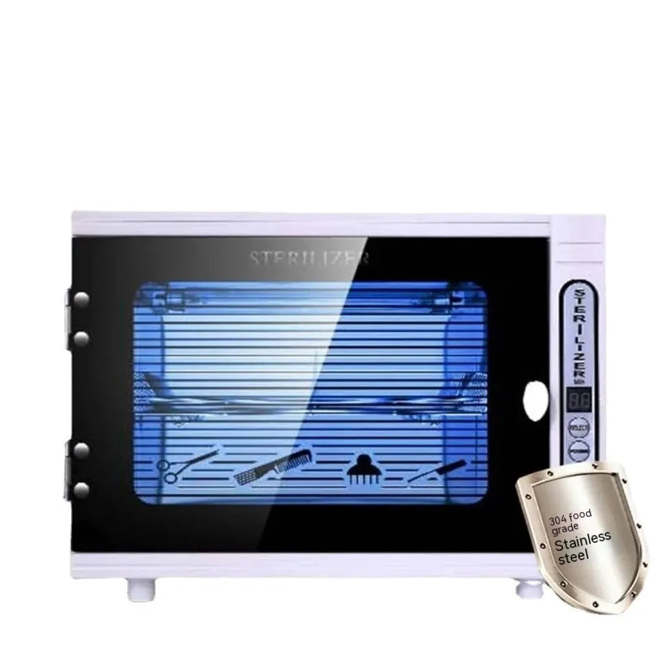 Silver ultraviolet steriliser unit with stainless steel interior for salon tools