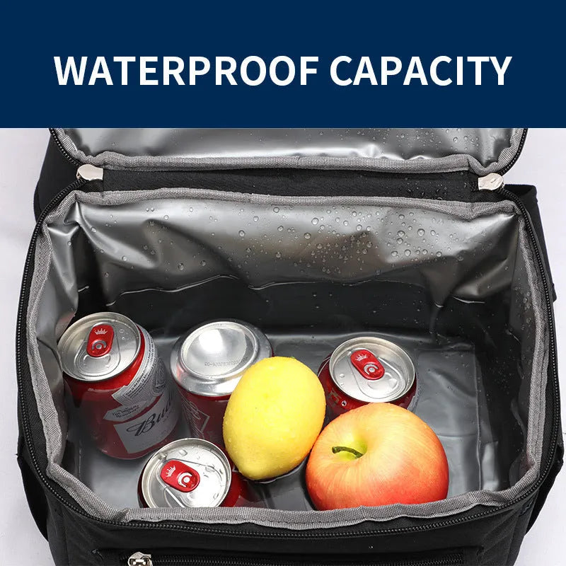 Blue double-layer insulated backpack cooler with large main compartment and external pockets.